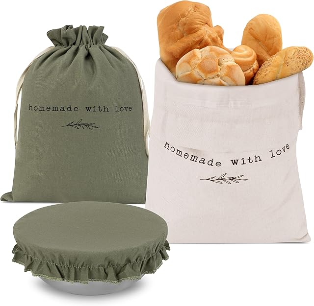 Beautiful Linen Bread Bag Set and Proofing Cover For Homemade Sourdough Bread - Keeps Your Loaf Fresh for Days - Reusable and Easy to Clean Storage Bag, The Perfect Baking Accessories