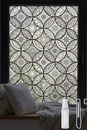 DKTIE Boho Stained Glass Look Window Privacy Film with Installation Tools, Decorative Frosted Glass Window Film Static Cling No Glue Removable, Pure Black, 17.7" x 78.7"