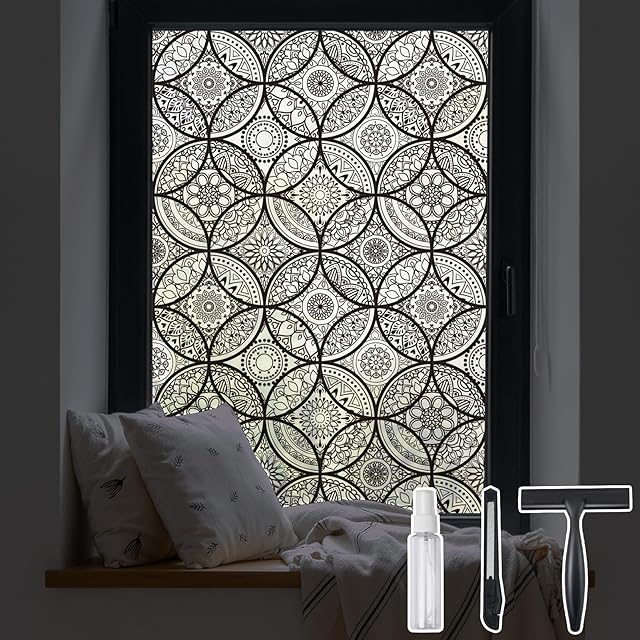 DKTIE Boho Stained Glass Look Window Privacy Film with Installation Tools, Decorative Frosted Glass Window Film Static Cling No Glue Removable, Pure Black, 17.7" x 78.7"