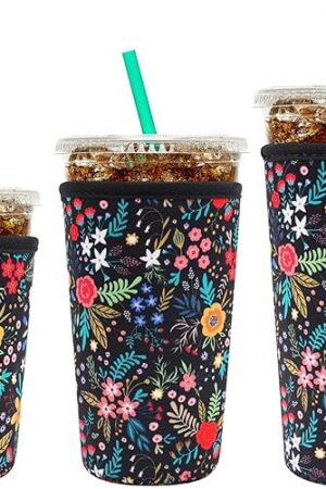 YR Reusable Neoprene Insulator Sleeve for Iced Coffee Cups, 3 Pack Coffee Coolies sleeves for Iced & Hot Drinks, Cold Beverage Cooler Compatible with Starbucks Coffee and More (Little Flower)