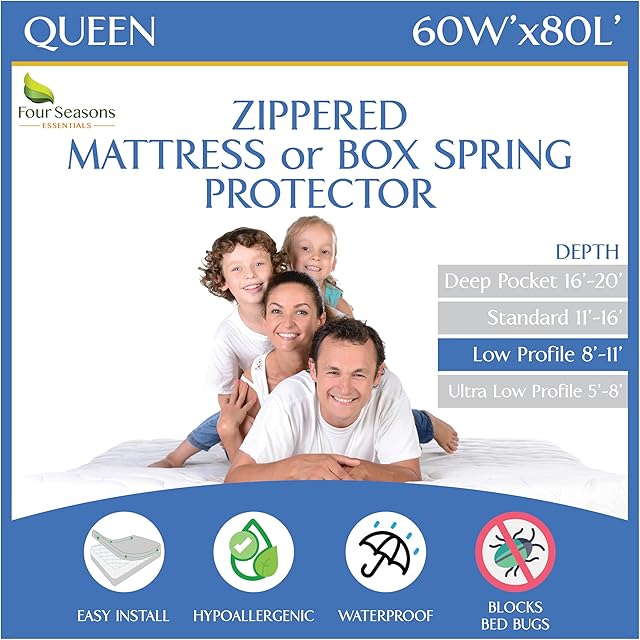 Queen Mattress or Box Spring Protector (8"-11" Depth) - Zippered Waterproof Encasement Hypoallergenic Premium Quality Cover Protects from Dust