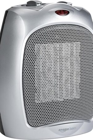 Amazon Basics Ceramic Space Heater, Portable Indoor Heating Solution, With Overheat and Tip-Over Protection, Thermostat, Non-Oscillating, 1500W, 7.52"D x 6.34"W x 9.45"H, Silver