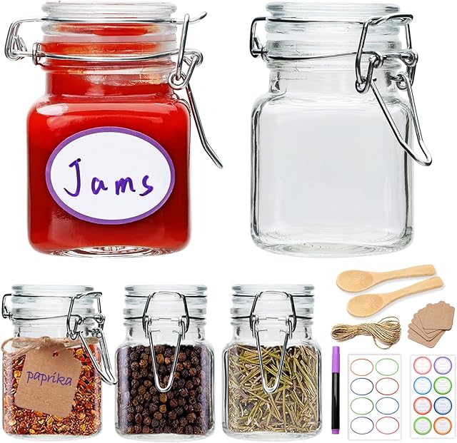 Brajttt Small Glass Jars with Lids,4 oz Spice Jars with Labels,Small Glass Containers with Airtight Hinged Lid for Home Kitchen, Arts & Crafts Projects, Spices, Decoration, Snack Foods (5 Pack)