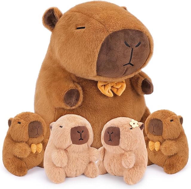 Achwishap 5PCS Capybara Plush,Capybara Stuffed Animal Mommy with 4 Capybara Babies Plush Toy,Cute Plushie Capybara Hugging Pillow Cuddle Plushie for Kids Girls Boys Gifts(Capybara Family,16?,Brown)
