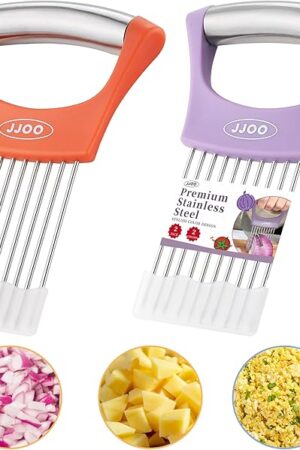 2PCS Onion Slicer Holder, JJOO Stainless Steel Onion Cutter for Slicing and Storage Onions, Tomato, Eggs and Vegetables, Protective Cover Included, Dishwasher Safe (Stylish orange+ Purple Color)