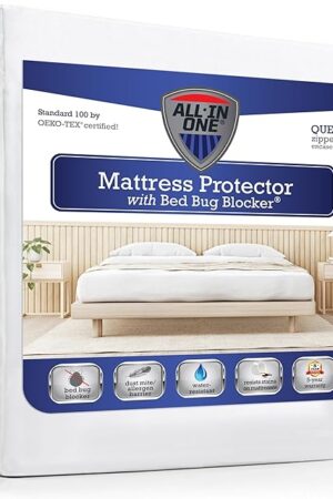 All-in-One Quiet Water Resistant Zip-Up Mattress Protector to Help Protect Against Irritants, Queen, White (FRE146XXWHIT03)