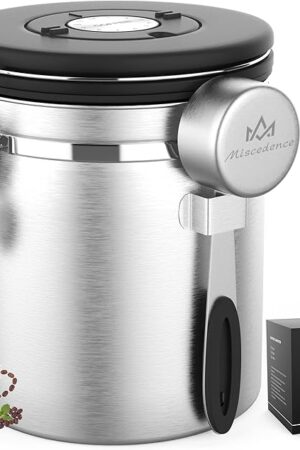 Coffee canister for ground coffee with Scoop Date Tracker One Way Co2 Valve 304 Stainless Steel Kitchen Food Airtight storage container for Coffee Beans,Grounds,Tea,Sugar (Silver, 16oz)