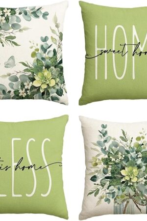 AVOIN Colorlife Home Sweet Home Eucalyptus Leaves Green Throw Pillow Covers, 18x18 Inch Spring Summer Seasonal Decorations Set of 4