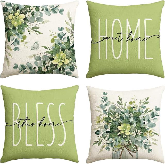 AVOIN Colorlife Home Sweet Home Eucalyptus Leaves Green Throw Pillow Covers, 18x18 Inch Spring Summer Seasonal Decorations Set of 4