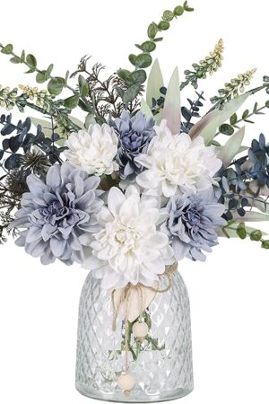 Der Rose Fake Flowers in Vase Silk Artificial Navy Blue Flowers Arrangements with Glass Vase for Dinning Coffee Table Centerpieces Home Kitchen Farmhouse Wedding Decor