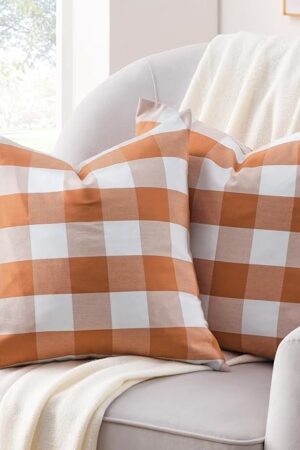Volcanics Fall Pillow Covers 18x18 Inches Set of 2, Orange and White Farmhouse Buffalo Check Plaid Throw Pillow Covers, Halloween Outdoor Decorative Cushion Pillowcase for Couch Home Decor