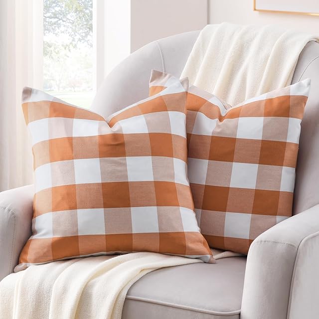 Volcanics Fall Pillow Covers 18x18 Inches Set of 2, Orange and White Farmhouse Buffalo Check Plaid Throw Pillow Covers, Halloween Outdoor Decorative Cushion Pillowcase for Couch Home Decor