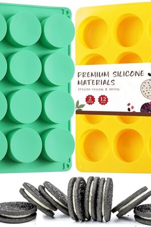 2PCS Molds Silicone, HIA Round 12-Cavity Chocolate Cookie Candy Silicone Mold, Baking Molds for Oreo, Chocolate, Cookie, Candy, Mini Cake, Jelly (Yellow+ Green)
