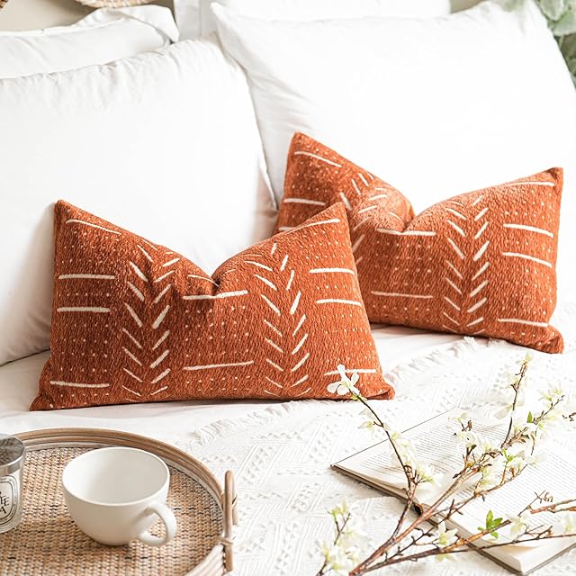 Brick Red Decorative Lumbar Throw Pillow Covers 12X20, Set of 2, Rust Boho Farmhouse Cushion Cover, Soft Accent Pillowcase for Couch Sofa Bed Living Room Home Décor