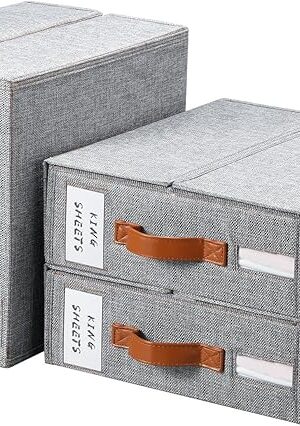Yecaye 4 Pack Bed Sheet Organizer, Foldable Linen Closet Organizers and Storage (Queen & King Size) with Window & Label, Bedding Storage Box for Bedsheets, Duvet Covers and Pillow, Grey