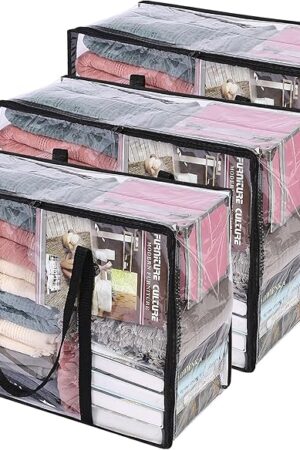 Vieshful 3 Pack Clear Clothes Storage Bag, 40L Plastic Blanket Storage Bag with Zipper, Foldable Closet Organizer, Moving bags for Comforter, Blanket, Bedding, Duvet, Toys