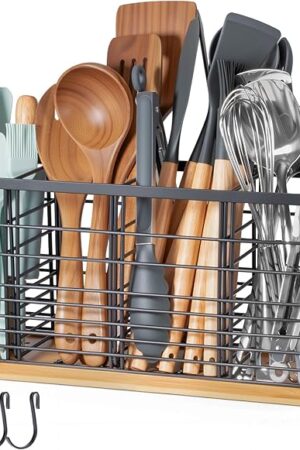 510 Ft³ Metal Extra Large Kitchen Utensil Holder with Wooden Base, 4 Compartments Organizer for Kitchen Countertop Matte Black Holder with 4 Hooks for Cooking Utensils & Tools Storage