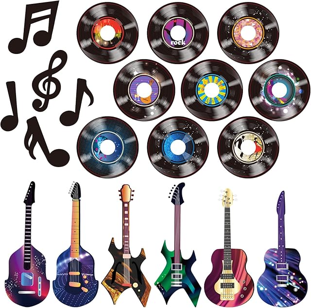 40 Pcs Music Party Decorations Musical Notes Rock and Roll Record Cutouts Silhouettes Record Guitar Party Favor Cutouts 50s 80s Theme Baby Shower School Bulletin Board Craft Decoration