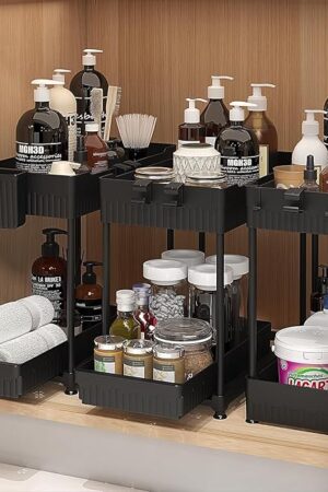 3 Pack Under Sink Organizers, 2-Tier Multi-Use Kitchen and Bathroom Organizers and Storage with Sliding Drawers，Bathroom Cabinet Organizer (Black, 12.8 Inch)