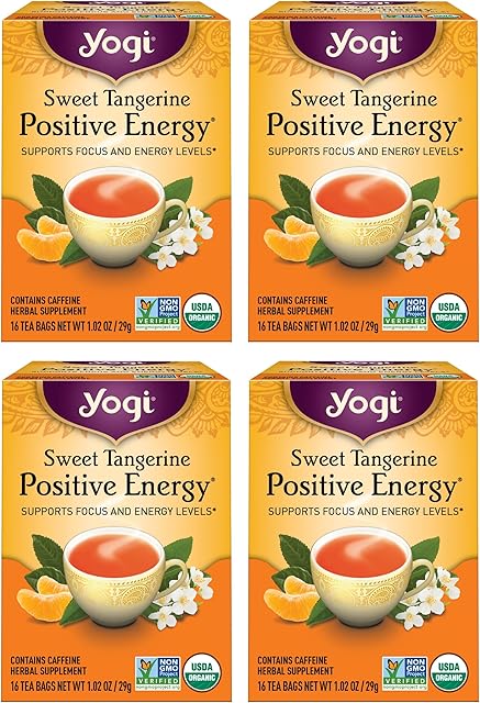 Yogi Sweet Tangerine Positive Energy Tea, 4 Packs (16 Bags/Pack) | Contains Black Tea Leaf | Yerba Mate Leaf | Ashwagandha Root | Organic Tangerine Energy Tea