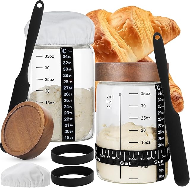 2 Pack Sourdough Starter Jar Kit, Glass Wide Mouth Bread Baking with Ounce Scale Line,Date Marked Feeding Band, Sourdough Jar Scraper 35OZ, Cloth Cover & Wood Lid and Silicone Pad