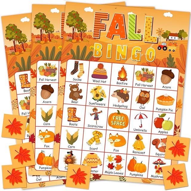 The 24 Players Fall Bingo Card Autumn Bingo Games for Kids Autumn Harvest Card Game Fall Crafts for Family Fall Craft Supplies Thanksgiving Bingo Cards for Classroom Activities Party Favors