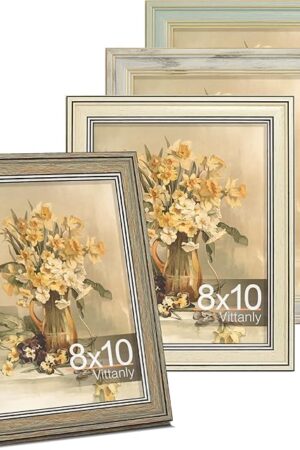 Vittanly 8x10 Picture Frame Set of 4, Vintage Photo Frame for Wall or Tabletop, Display 5x7 Pictures with Mat or 8x10 without Mat, Rustic Farmhouse Home Decor, Multicolour