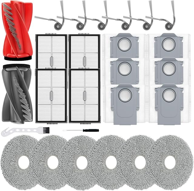 26Pcs Replacement Parts Accessories Kit Compatible with for Roborock Saros 10R Robot Vacuum, 2 Main Brush, 4 Hepa Filter, 6 Mop Pads, 6 Side Brush, 6 Dust Bags, 1 Screwdriver 1 Clean Tool