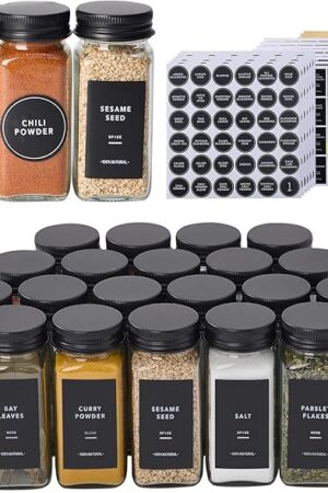 24 Glass Spice Jars with 576 Labels-Spice Jars with Black Metal Caps, 4oz Empty Square Spice Containers with Shaker Lids, Funnel, Chalk Pen, Seasoning Bottles for Spice Rack, Drawer, Cabinet
