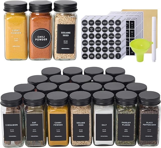 24 Glass Spice Jars with 576 Labels-Spice Jars with Black Metal Caps, 4oz Empty Square Spice Containers with Shaker Lids, Funnel, Chalk Pen, Seasoning Bottles for Spice Rack, Drawer, Cabinet
