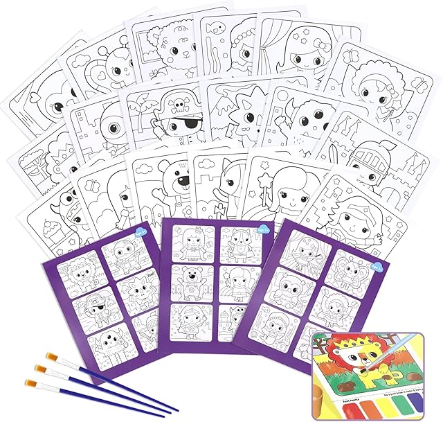The VKPI Water Coloring Activity Books, Watercolor Paint Books for Kids, 18 Mess Free Drawing Sheets, with 3 Painting Brushes, Gifts for Children Ages 3, 4, 5, 6, 7, 8