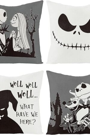4Pcs Halloween Jack and Sally Christmas Pillow Covers 18x18 Inch Horror Cartoon Skull Throw Pillow Case Decorations Linen Decorative Square Cushion Covers for Home Sofa Couch Bed