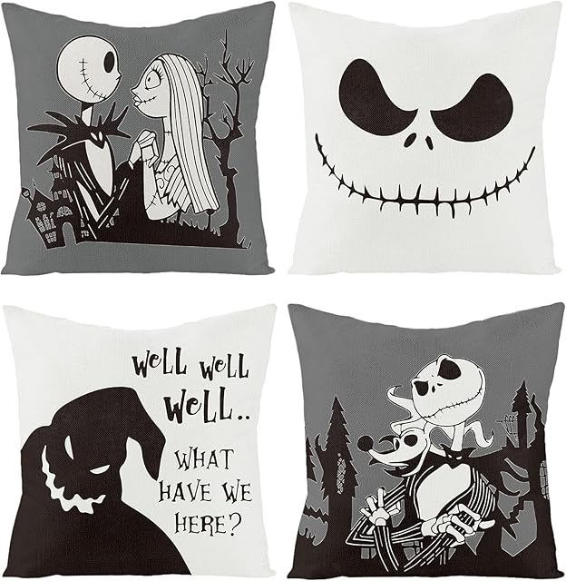 4Pcs Halloween Jack and Sally Christmas Pillow Covers 18x18 Inch Horror Cartoon Skull Throw Pillow Case Decorations Linen Decorative Square Cushion Covers for Home Sofa Couch Bed
