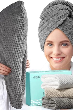 YFONG 3 Pack Large Microfiber Hair Towel Wrap, 30" x 10" Anti Frizz Quick Dry Hair Towels for Women Long, Curly, Thick Hair, Super Absorbent Hair Turban for Wet Hair (Grey, White, Camel)