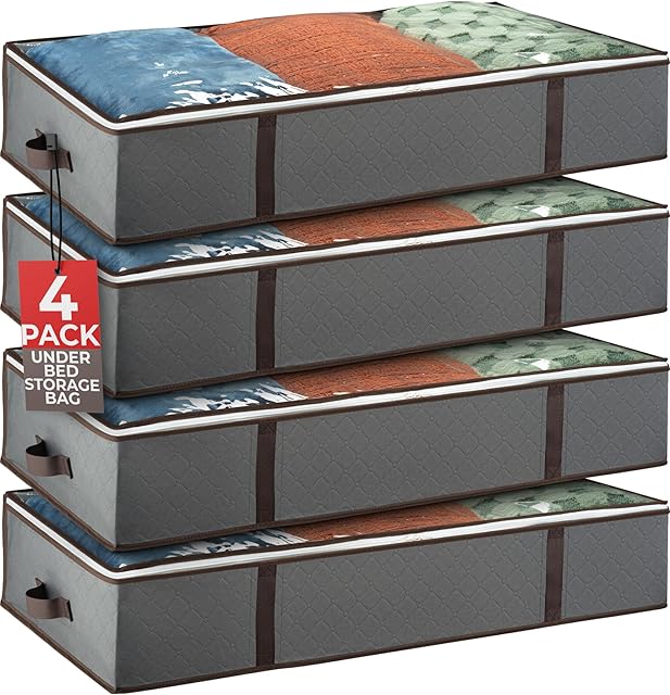 Underbed Storage Bags 4-Pack - Foldable Under Bed Storage Organizer for Clothes, Bedroom Blankets, Comforter, Pillows, Linen Sheets, Towels, Sweaters, Shoe Drawers - Ideal College Dorm Storage (Grey)