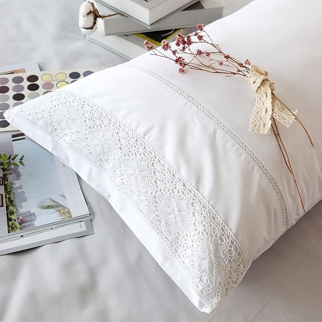 100% Cotton Lace Pillow Cases Queen Size Set of 2 - White Good Feeling Pillowcases 2 Pack with Envelope Closure, Elegant Lace,Softer and Breathable Pillow Case(20x30?)