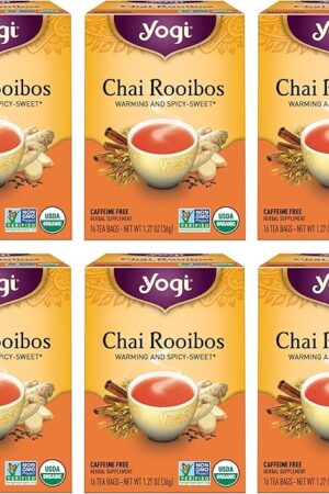 Yogi Tea Chai Rooibos Tea - 6 Packs (16 Tea Bags per Pack) | Caffeine-Free | Provides Antioxidants | Includes Cardamom, Cinnamon, Ginger & Clove | Spiced Organic Rooibos Tea
