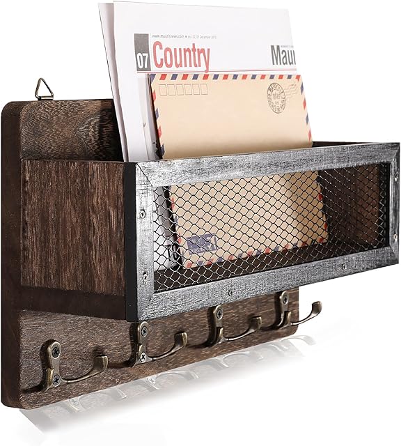 ADIIL Wooden Wall Mount Mail and Key Holder with 4 Double Key Hooks, Brown