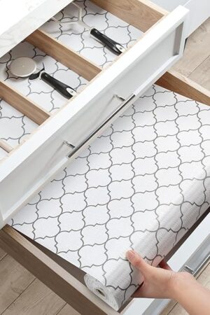 Drawer & Shelf Liner for Kitchen Cabinets, Non-Slip Non-Adhesive Shelf Paper Protect Dresser and Cupboard, Waterproof Drawer Mats for Bathroom, Easy Install (White Quatrefoil, 12In x 10Ft)