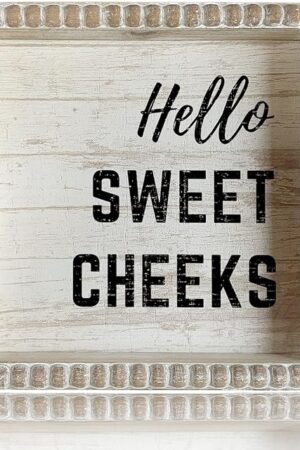 Boho Farmhouse Wooden Framed Bathroom Decor Signs, Funny Restroom Decorative Plaque Small Cute, Toilet Rules Shelf Decoration (Hello Sweet Cheeks)