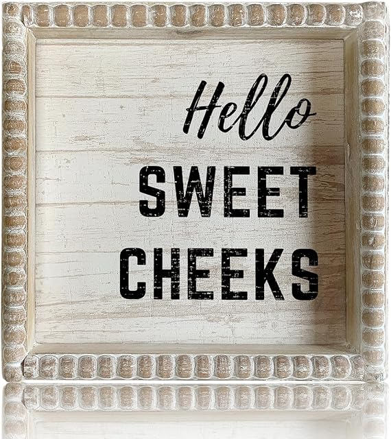 Boho Farmhouse Wooden Framed Bathroom Decor Signs, Funny Restroom Decorative Plaque Small Cute, Toilet Rules Shelf Decoration (Hello Sweet Cheeks)