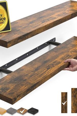 BAYKA Floating Shelves Set of 2, 22.5" Rustic Wood Wall Mounted Shelves for Bedroom, Living Room, Kitchen & Office, Hanging Display Shelf with 22 lbs Capacity (Rustic Brown)