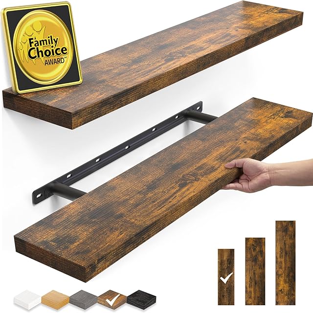 BAYKA Floating Shelves Set of 2, 22.5" Rustic Wood Wall Mounted Shelves for Bedroom, Living Room, Kitchen & Office, Hanging Display Shelf with 22 lbs Capacity (Rustic Brown)