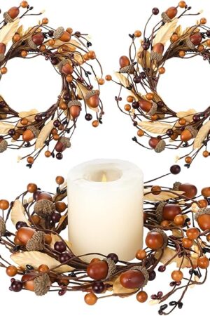 2 Pack Small Fall Candle Rings Wreath 6" with Artificial Textured Leaves and Acorn Twig Wreath for Pillar Flower Mini Candle Rings Thanksgiving Fall Wedding Rustic Seasonal Decoration