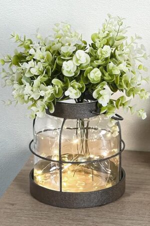 Vintage Glass Farmhouse Vase - Handmade Rustic Lantern Planter with Bonus Artificial Flowers & LED Lights (Home Decor Centerpiece), Farmhouse Wedding/Tabletop Decor, Housewarming Gift