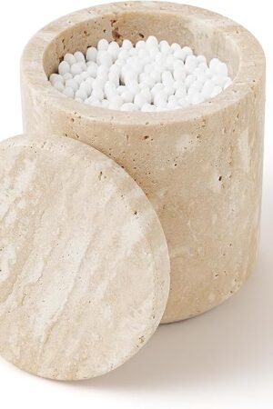 WORHE Travertine Qtip Holder Dispenser with Lid for Cotton Swabs,Balls,Pads,Floss Picks Large Capacity Marble Apothecary Jar for Bathroom Essentials Decor, Vanity Makeup Storage Organizer Beige(WH050)