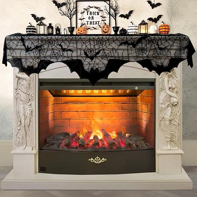 AerWo Halloween Decorations Indoor Fireplace Mantel Scarf, Black Lace Spiderweb Fireplace Cover for Halloween Mantle Decor Festive Party Supplies,20x79 inches