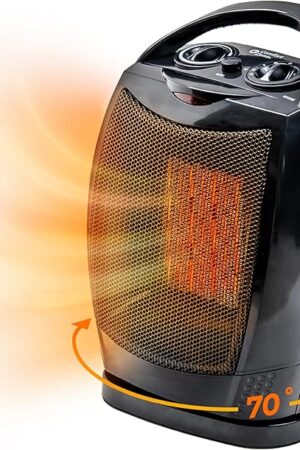 Comfort Zone 1500W Portable Ceramic Space Heater, Fan-Forced, 70° Oscillation, Adjustable Thermostat, 3 Heat Settings + Fan Mode, Small Room Heater, Overheat & Tip-Over Protection, Black