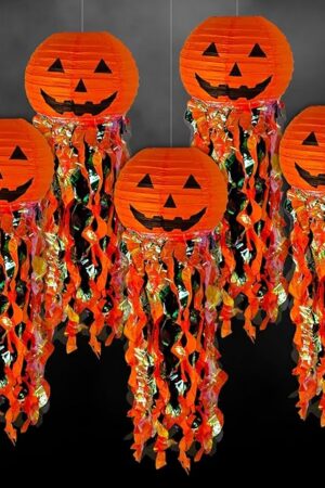 ADLKGG Pumpkin Paper Lanterns for Halloween Party Decorations, Orange Black Hanging Paper Lanterns for Kids Adult Birthday Wedding Graduation Indoor Outdoor Garden Home Decor, 5 Pcs