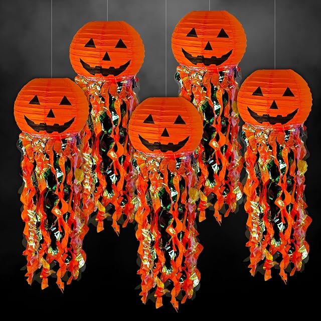 ADLKGG Pumpkin Paper Lanterns for Halloween Party Decorations, Orange Black Hanging Paper Lanterns for Kids Adult Birthday Wedding Graduation Indoor Outdoor Garden Home Decor, 5 Pcs